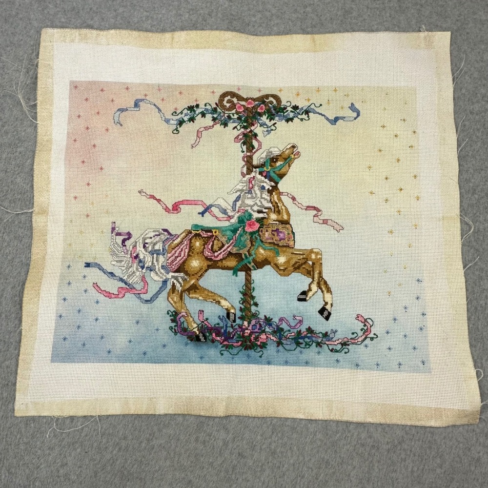 Handmade Carousel Horse Cross Stitch Needlepoint Pastel Floral Metallic 17.5x14